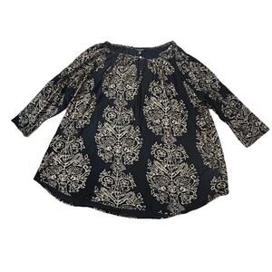 Lucky Brand Black Tan Floral‎ Print Tunic Top Boho Womens Plus Sz 3X Lightweight